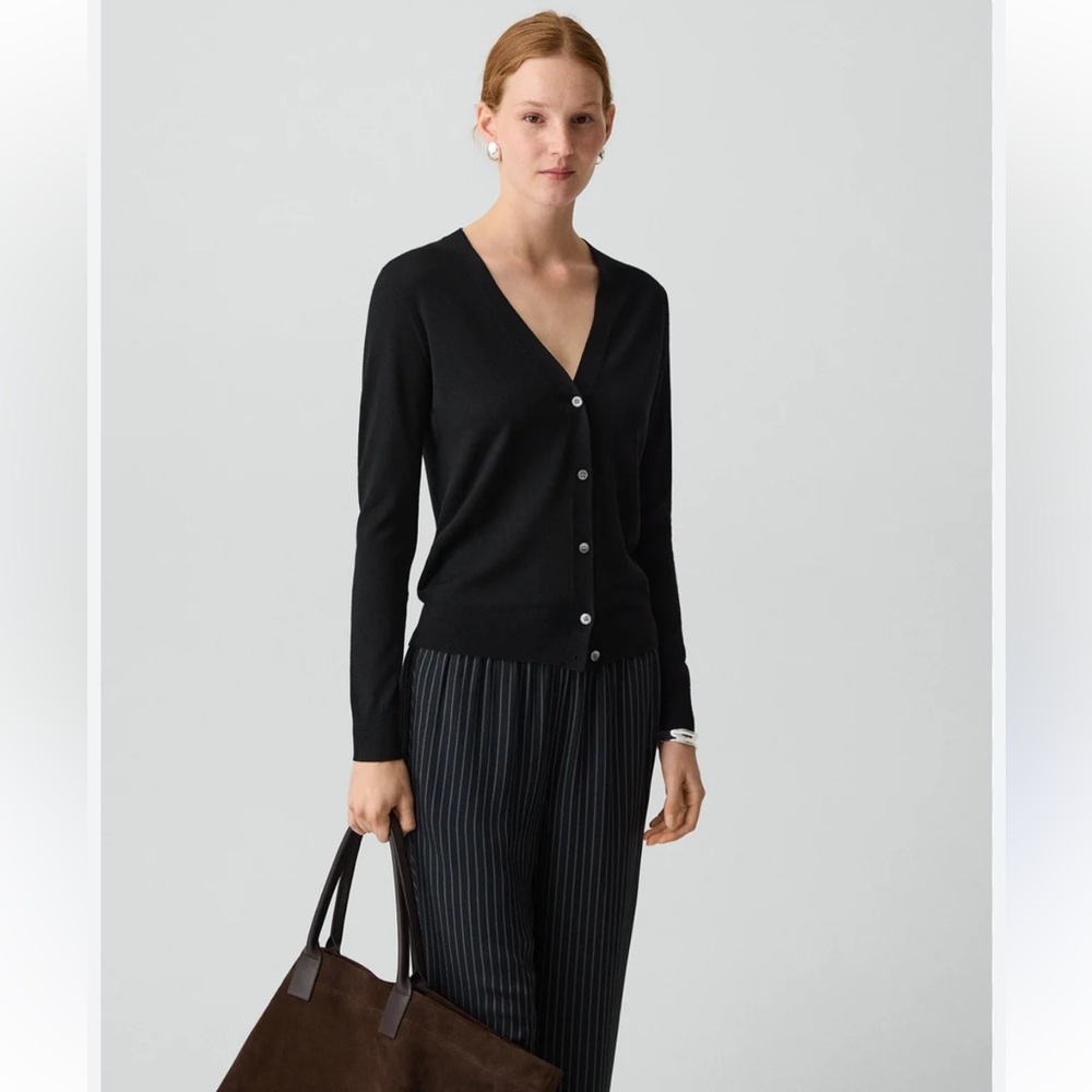 Theory Black Silk Cashmere Blend V Neck Button Down Didier Cardigan Size Small